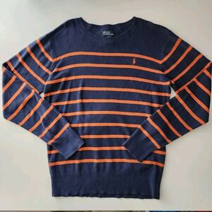 POLO By RALPH LAUREN Sweater Youth Size 20 Boys Navy‎ Orange Stripe Cotton Knit